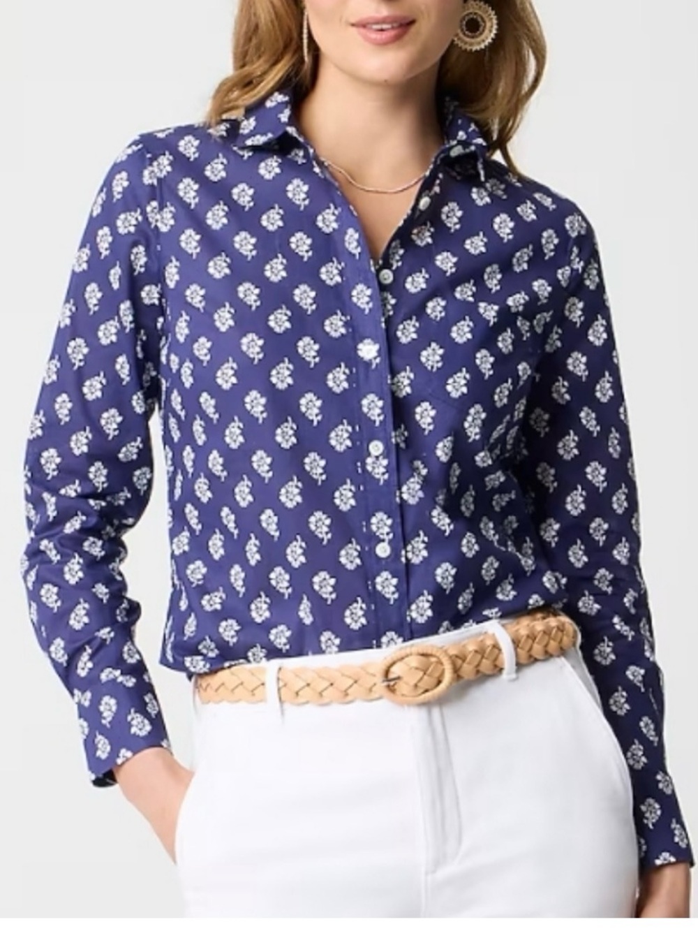 J.Crew Factory- Women's Navy Blue Printed Button-Down Shirt Cotton - XS